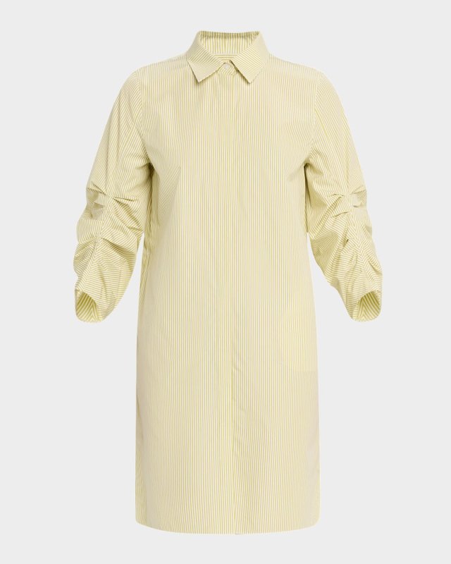 Striped Pleated-Sleeve Midi Shirtdress